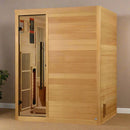 Front Left View Of The Golden Designs Soria 3-Person Full Spectrum EMF Hybrid Indoor Sauna | GDI-8330-01 Shown In An Indoor Setting