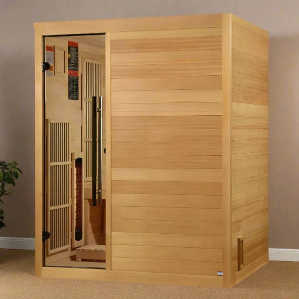 Front Left View Of The Golden Designs Soria 3-Person Full Spectrum EMF Hybrid Indoor Sauna | GDI-8330-01 Shown In An Indoor Setting