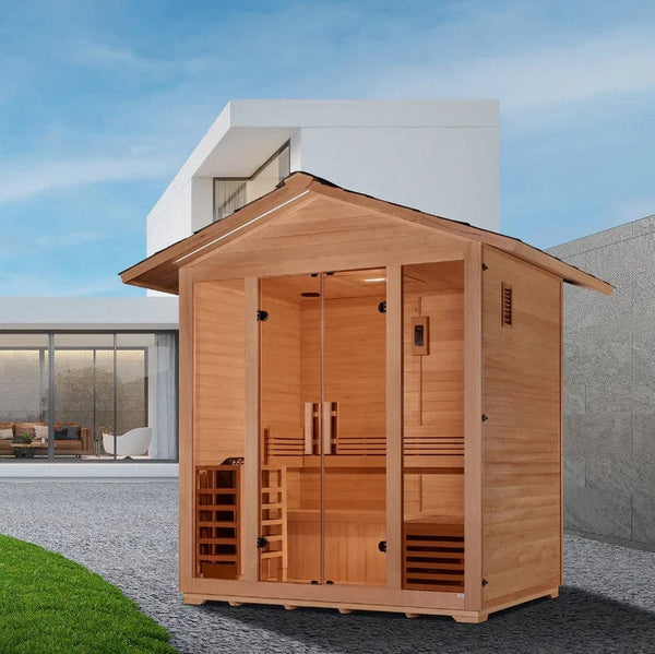 Front Left View Of The Golden Designs Vorarlberg 5-Person Outdoor Sauna | GDI-8105-01 In An Outdoor Setting