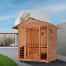 Front Left View Of The Golden Designs Vorarlberg 5-Person Outdoor Sauna | GDI-8105-01 In An Outdoor Setting