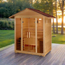 Front Left View Of The Golden Designs Vorarlberg 5-Person Outdoor Sauna | GDI-8105-01 Shown In A Backyard Setting