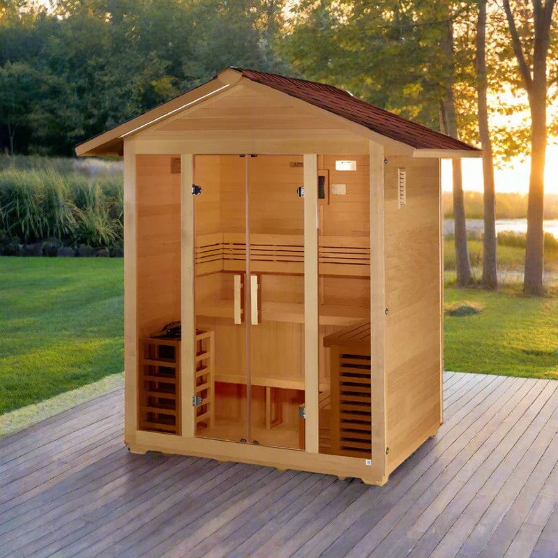 Front Left View Of The Golden Designs Vorarlberg 5-Person Outdoor Sauna | GDI-8105-01 Shown In A Backyard Setting