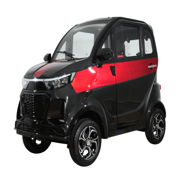 Front Left View Of The Green Transporter Q Runner Express Enclosed Mobility Scooter Shown In Black And Red Color