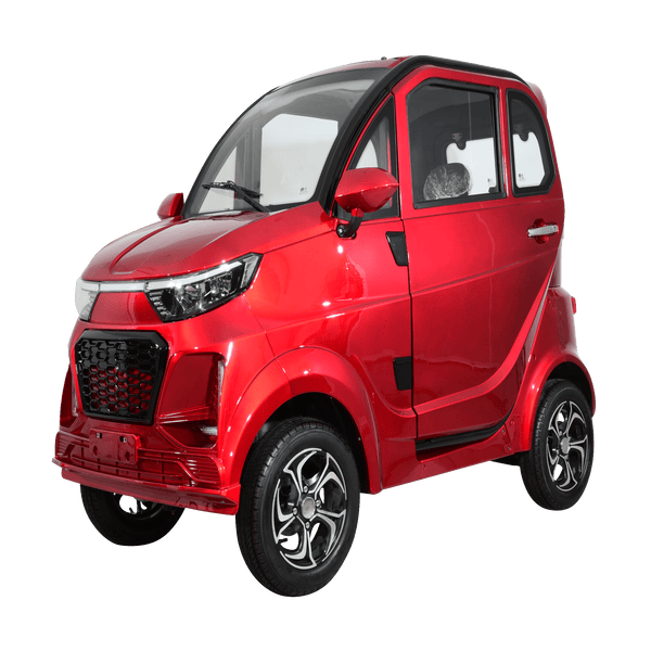 Front Left View Of The Green Transporter Q Runner Express Enclosed Mobility Scooter Shown In Red Color