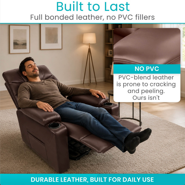 Front Right Side View Of A Man Reclined In The Vive Health Lounge Lift Chair Shown In A Living Room Setting With Text Built To Last