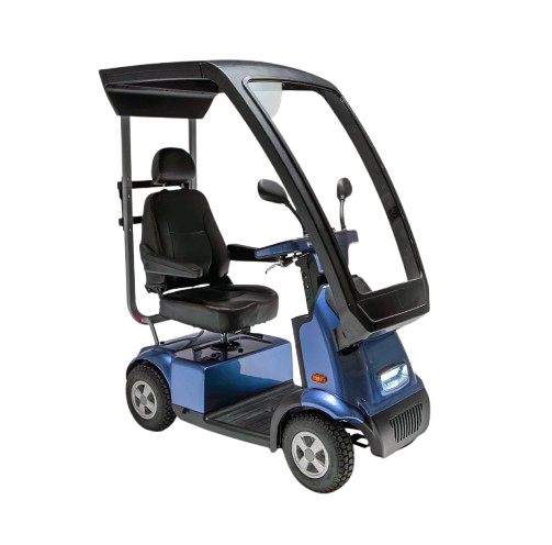 Front Right Side View Of The AFIKIM Afiscooter C4 Scooter Shown With Optional Hard Top Canopy In The Blue Color