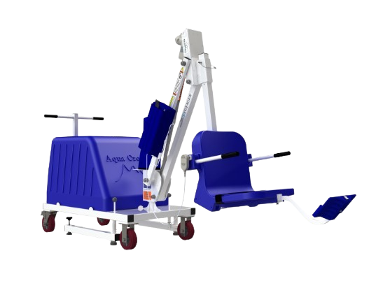 Front Right Side View Of The Aqua Creek Mighty Voyager Pool Lift Shown In Blue Color