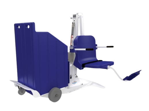 Front Right Side View Of The Aqua Creek Portable Pool Lift Shown In The Blue Color