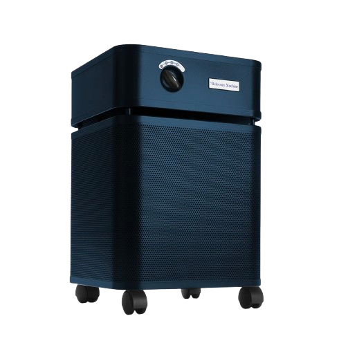 Front Right Side View Of The Austin Air Systems Bedroom Machine Air Purifier Shown In The Midnight Blue Color