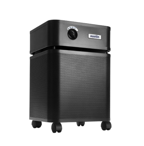 Front Right Side View Of The Austin Air Systems HealthMate Plus Standard Air Purifier Shown In The Black Color