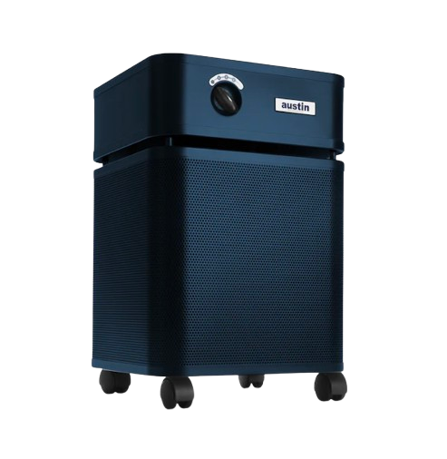 Front Right Side View Of The Austin Air Systems HealthMate Plus Standard Air Purifier Shown In The Midnight Blue Color