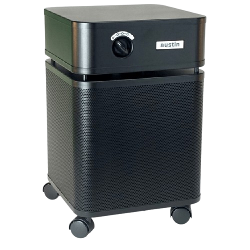 Front Right Side View Of The Austin Air Systems HealthMate Standard Air Purifier Shown In The Black Color