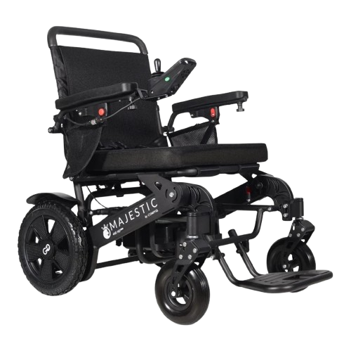 Front Right Side View Of The ComfyGo Majestic 440 HD Remote Controlled Heavy Duty Electric Wheelchair