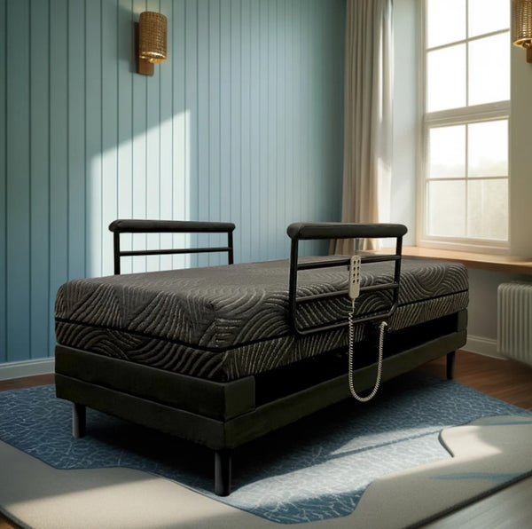 Front Right Side View Of The Customatic Sleep Technologies Independence Rotating Bed In The Flat Position Shown In A Bedroom Setting Next To A Window