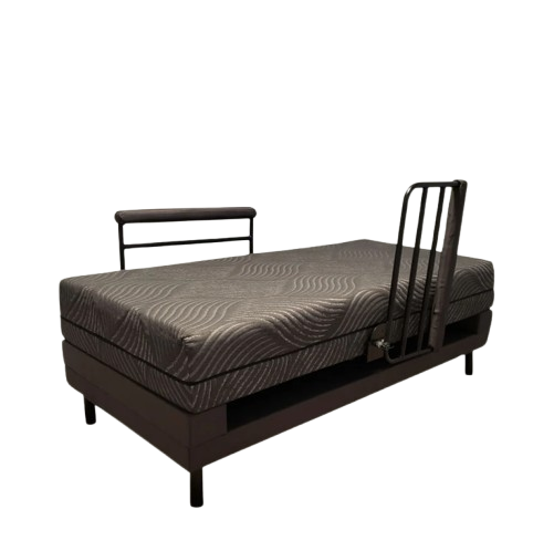 Front Right Side View Of The Customatic Sleep Technologies Independence Rotating Bed In The Flat Position Shown With The Left Side Rail Raised