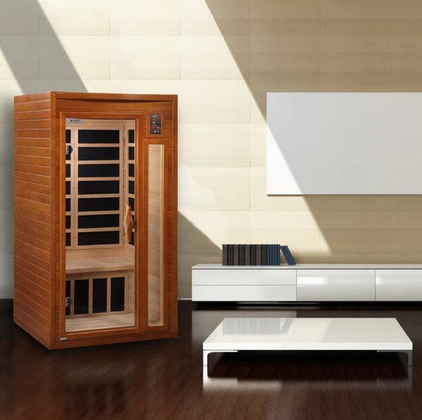 Front Right Side View Of The Dynamic Barcelona 2-Person Low EMF Far Infrared Indoor Sauna | DYN-6106-01 Shown In An Indoor Setting