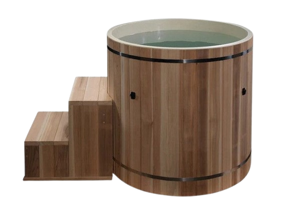 Front Right Side View Of The Dynamic Cedar Cold Plunge Barrel Shown With Steps And Plastic Interior Material