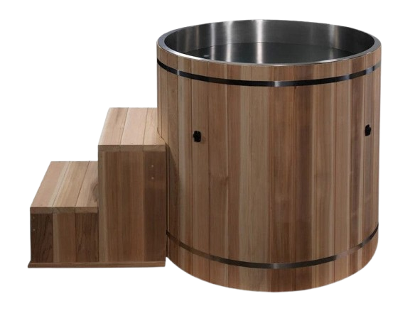 Front Right Side View Of The Dynamic Cedar Cold Plunge Barrel Shown With Steps And Stainless Steel Interior Material
