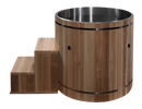 Front Right Side View Of The Dynamic Cedar Cold Plunge Barrel Shown With Steps And Stainless Steel Interior Material