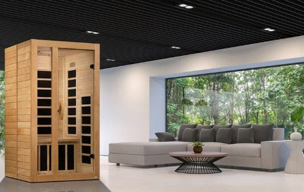 Front Right Side View Of The Dynamic Gracia 2-Person Low EMF FAR Infrared Indoor Sauna | DYN-6119-01 Shown In An Indoor Setting