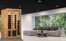 Front Right Side View Of The Dynamic Gracia 2 Person Ultra Low EMF FAR Infrared Indoor Sauna | DYN-6119-01 Elite Shown In An Indoor Setting