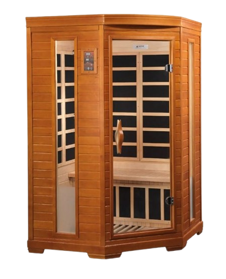 Front Right Side View Of The Dynamic Heming 2-Person Low EMF FAR Infrared Indoor Corner Sauna | DYN-6225-02