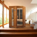 Front Right Side View Of The Dynamic Heming 2-Person Low EMF FAR Infrared Indoor Corner Sauna | DYN-6225-02 Shown In An Indoor Setting