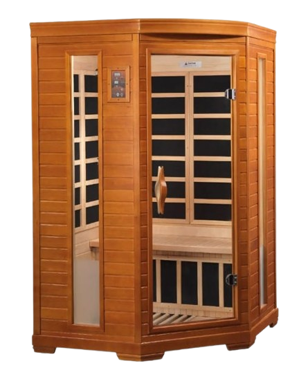 Front Right Side View Of The Dynamic Heming Elite 2-Person Ultra Low EMF FAR Infrared Indoor Corner Sauna | DYN-6225-02 Elite