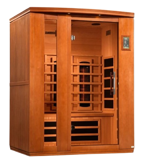 Front Right Side View Of The Dynamic Lugano 3-Person Near Zero EMF Full Spectrum Infrared Indoor Sauna | DYN-6336-03 FS