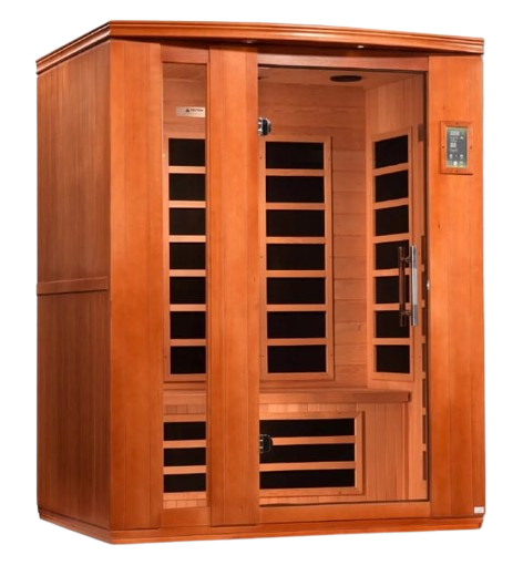 Front Right Side View Of The Dynamic Lugano 3-Person Ultra Low EMF FAR Infrared Indoor Sauna | DYN-6336-02 Elite