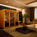 Front Right Side View Of The Dynamic Monaco 6-Person Ultra Low EMF FAR Infrared Indoor Sauna | DYN-6996-01 Elite Shown In An Indoor Setting