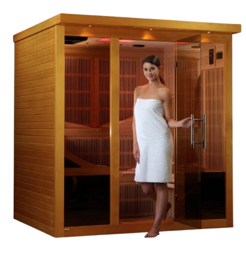 Front Right Side View Of The Dynamic Monaco 6-Person Ultra Low EMF FAR Infrared Indoor Sauna | DYN-6996-01 Elite Shown With An Attractive Woman Walking Out Of The Sauna Wearing A Towel