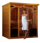 Front Right Side View Of The Dynamic Monaco 6-Person Ultra Low EMF FAR Infrared Indoor Sauna | DYN-6996-01 Elite Shown With An Attractive Woman Walking Out Of The Sauna Wearing A Towel