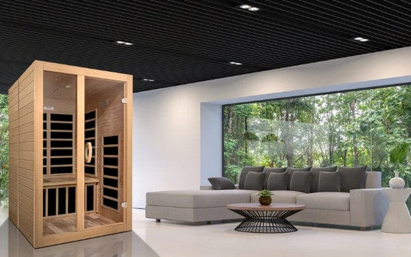 Front Right Side View Of The Dynamic Santiago 2-Person Low EMF FAR Infrared Indoor Sauna | DYN-6209-01 Shown In An Indoor Setting