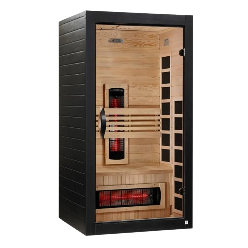 Front Right Side View Of The Dynamic Santorini 2 Person Full Spectrum Near Zero EMF FAR Infrared Indoor Sauna | DYN-6009-03 FS