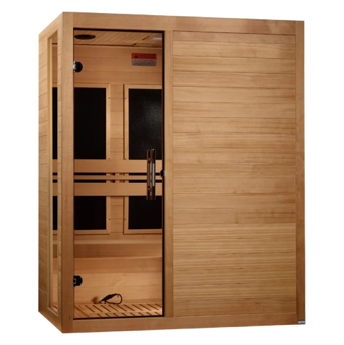 Front Right Side View Of The Dynamic Toscana 3 Person Ultra Low EMF FAR Infrared Indoor Sauna | DYN-6315-05 Elite