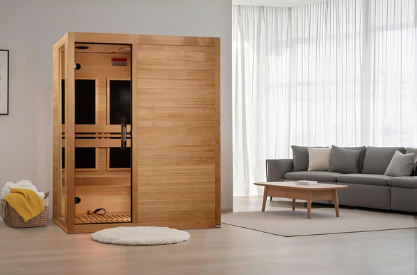 Front Right Side View Of The Dynamic Toscana 3 Person Ultra Low EMF FAR Infrared Indoor Sauna | DYN-6315-05 Elite Shown In An Indoor Setting