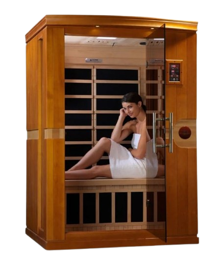 Front Right Side View Of The Dynamic Venice 2-Person Low EMF FAR Infrared Indoor Sauna | DYN-6210-01 Shown With An Attractive Woman Wearing A Towel Sitting Inside The Sauna