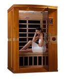 Front Right Side View Of The Dynamic Venice 2-Person Low EMF FAR Infrared Indoor Sauna | DYN-6210-01 Shown With An Attractive Woman Wearing A Towel Sitting Inside The Sauna