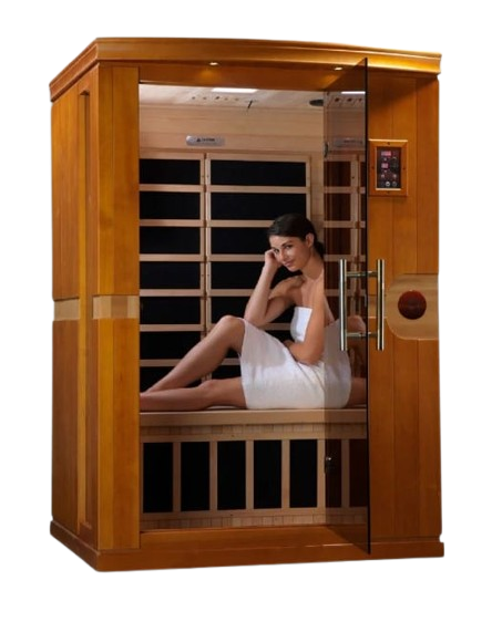 Front Right Side View Of The Dynamic Venice Elite 2-Person Ultra Low EMF FAR Infrared Indoor Sauna | DYN-6210-01-Elite Shown With An Attractive Woman Wearing A Towel Sitting Inside The Sauna