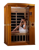 Front Right Side View Of The Dynamic Venice Elite 2-Person Ultra Low EMF FAR Infrared Indoor Sauna | DYN-6210-01-Elite Shown With An Attractive Woman Wearing A Towel Sitting Inside The Sauna