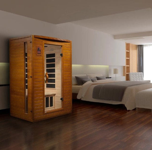 Front Right Side View Of The Dynamic Versailles 2-Person Low EMF Far Infrared Indoor Sauna | DYN‐6202‐03 Shown In An Indoor Setting