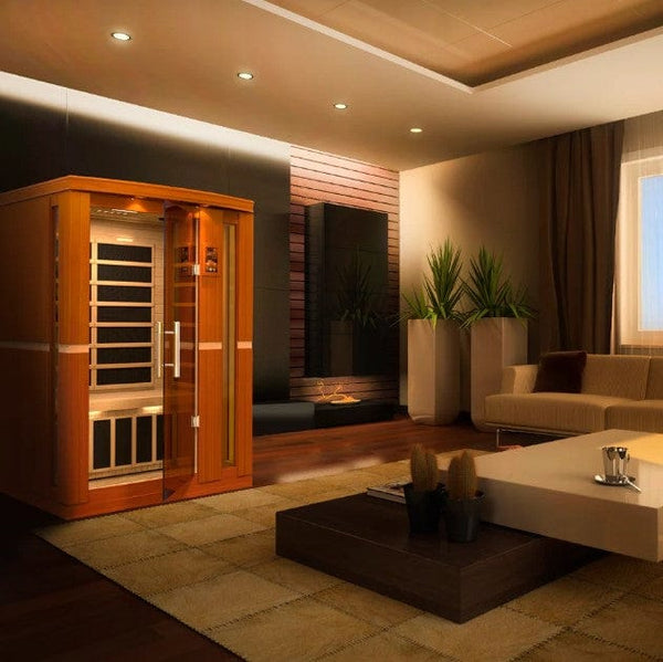 Front Right Side View Of The Dynamic Vittoria 2-Person Low EMF FAR Infrared Indoor Sauna | DYN-6220-01 Shown In An Indoor Setting