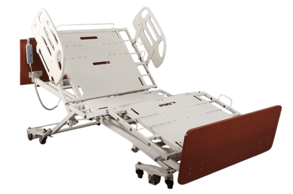 Front Right Side View Of The Emerald Infinity Max UltraWide Expandable Homecare Bed Shown In The Chair Position With Two Soft Touch Quarter Rails