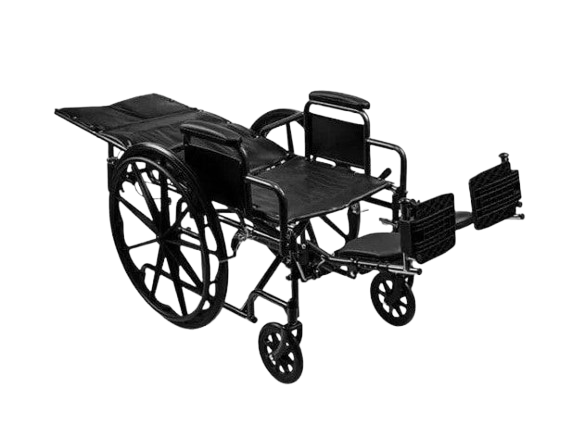 Front Right Side View Of The Emerald iCruise Reclining Wheelchair Shown With Legrests In The Upright Position And Backrest In The Fully Reclined Position