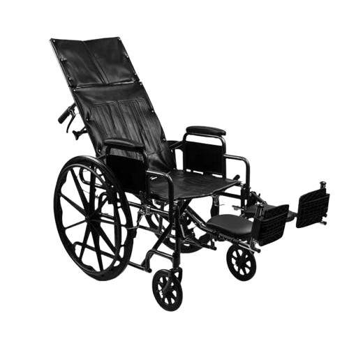 Front Right Side View Of The Emerald iCruise Reclining Wheelchair Shown With Legrests In The Upright Position And Backrest In The Reclined Position