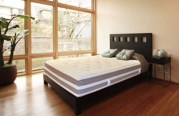 Front Right Side View Of The Eurolux Lux By Naturalia: The 6-Layer Luxury Mattress Crafted By Masters Shown On A Bed Frame In A Bedroom Setting