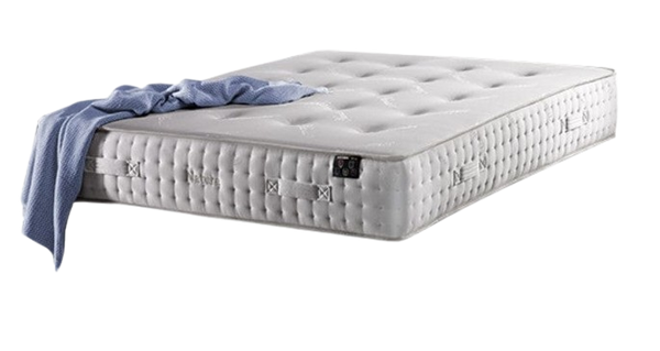 Front Right Side View Of The Eurolux Natur: The 6-Layer Luxury Mattress Crafted By Masters Shown With A Blue Blanket Hanging Off The Corner