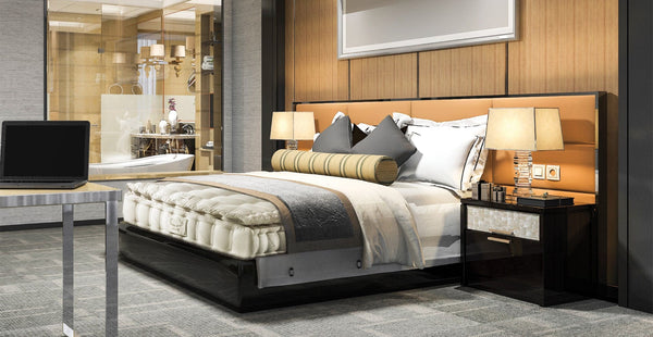 Front Right Side View Of The Eurolux Prive: The 10-Layer Luxury Mattress Crafted By Masters Shown On A Bed Frame In A Showroom Setting