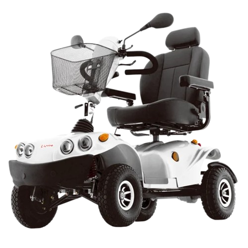 Front Right Side View Of The FreeRiderUSA FR GDX Mobility Scooter Shown In The Silver Color